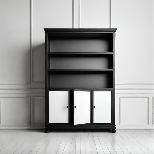 Wood Bookcase With Doors Storage Cabinet Office Shelves Black
